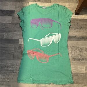 Green Graphic Tee with Sunglasses Print